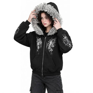 Black Women's Hooded Zipper <b>Jacket</b> With Faux Fur Collar <b>Gothic</b> Printed Design Winter Wear Hoodies - Product Image 2