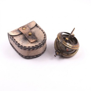 Nautical Brass Push Button Sundial Compass with <b>Leather</b> Cover Decorative Object | Vintage Marine Navigation Compass Clock Travel - Product Image 1
