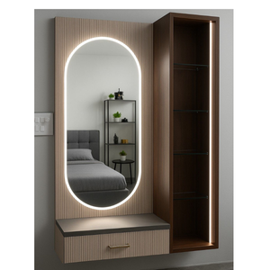 Armoire murale en teck avec miroir LED et étagères latérales - Product Image 1