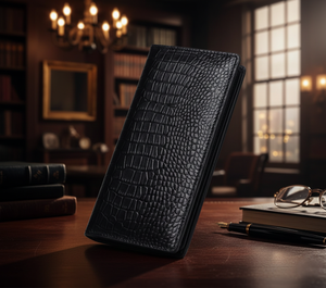 Portefeuille long noir en cuir véritable fait main de haute qualité, motif croco, avec poches pour cartes de crédit, pour hommes, vente en gros - Product Image 1