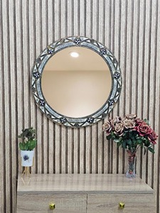 Miroir rond de mariage moderne de qualité supérieure avec motif en bois incrusté Boone, écologique, couleur personnalisée, type mural - Product Image 2