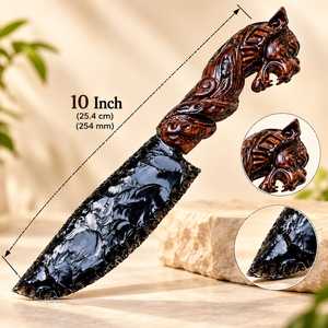 Dague décorative en obsidienne noire de 10 pouces avec manche sculpté en panthère, objet d'art gothique fait main pour collection et exposition - Product Image 2