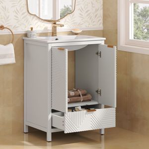 Mobile bagno moderno da 24 pollici con lavabo integrato, foro singolo per rubinetto, ante testurizzate e cassetto - Product Image 2
