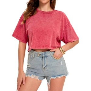 เสื้อครอปสำหรับผู้หญิง เสื้อยืดแขนสั้นสำหรับฤดูร้อน คอกลม ลายฟอกสี - Product Image 5