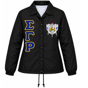 <b>Black</b> Gold Blue Greek Letter Embroidered Coach Jacket Custom Crest Button Up <b>Windbreaker</b> with Ribbed Cuffs Drawstring Hem - Product Image 1