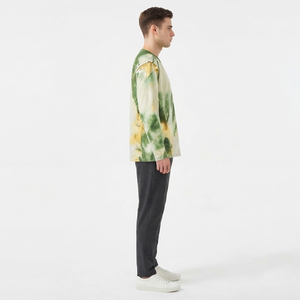 Men's <b>Tie</b>-Dye Long Sleeve O-Neck <b>Knitted</b> Casual T-Shirt Regular Fit Green Yellow Pattern - Product Image 4