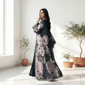 BSY Pattern Open Front Breathable Abaya Arabic Modest Islamic Floor Length <b>Long</b> Sleeve Muslim Prayer & Party Apparel - Product Image 4