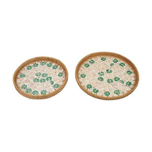 Bandeja Redonda de Ratán Hecha a Mano con Incrustaciones de Madreperla Verde, Bandeja Decorativa Artística Tropical Costera para Mesa de Centro - Product Image 2