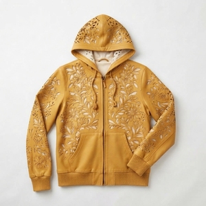 Chaqueta de Cuero Genuino para Hombre, Cuello Redondo, Diseño Floral Repujado, Estilo Casual Otoñal, Corte Regular, Puños Tejidos - Product Image 1