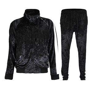Conjunto Deportivo Unisex de Terciopelo Negro, Chaqueta con Cierre Completo y Bolsillos Laterales, Pantalones con Cintura Elástica, Color Sólido, Estilo Casual Otoñal - Product Image 1