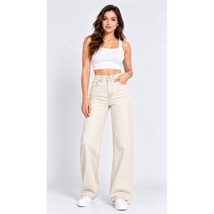 Jean bootcut taille haute pour femme avec boucle de ceinture centrale fendue - Denim écru naturel en gros - Product Image 1