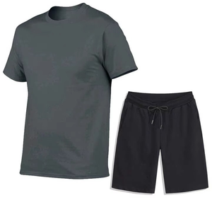 Men's Summer Two-Piece Short Sleeve T-Shirt Shorts <b>Set</b> 100% Cotton <b>Knitted</b> Fabric Breathable High Street Style Front Custom Logo - Product Image 3