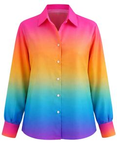 Chemise à manches longues boutonnée pour femme, dégradé rose, orange, jaune, bleu arc-en-ciel, chemisier décontracté de bureau, fabrication sur mesure OEM - Product Image 1