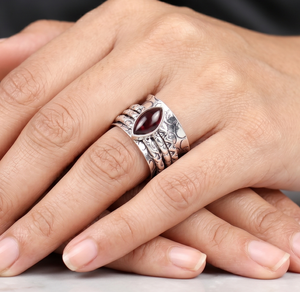 Boho 925 <b>Silver</b> Plated Garnet Cocktail <b>Ring</b> Women's Marquise Stone Bezel Setting Ethnic Jewelry Gift January Birthstone Jewelry - Product Image 1