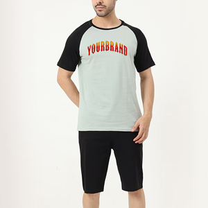 Ensemble T-shirt et short en coton pour homme, col rond, manches raglan, respirant, décontracté, pour l'été, avec impression de lettres sur le devant - Product Image 4