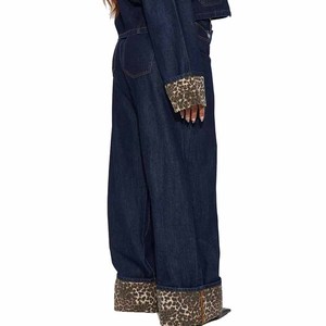 Pantalon ample à jambes droites pour femmes, nouveau style, avec ourlet roulé et patchwork imprimé léopard, jean à jambes larges - Product Image 3