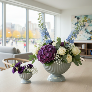 Vase de table en acier inoxydable écologique, décoratif, côtelé, sur pied, gris mat, pour mariage, conteneur floral minimaliste, vente en gros - Product Image 2