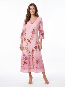 Kurta con estampado de pájaros florales rosas, cuello en V, ropa india para mujer - Product Image 6