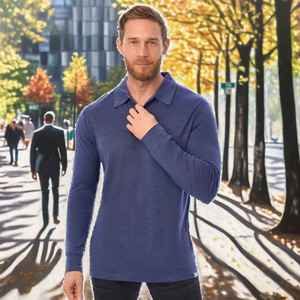 Chemise à manches longues en laine mérinos pour homme, tricotée unie, décontractée, respirante, avec logo frontal ODM, anti-odeur, bleue - Product Image 4