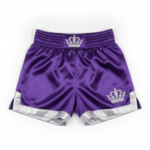 Shorts de boxe en satin pour hommes avec broderie couronne, vêtements de combat unisexes pour adultes, coupe régulière, matière extensible - Product Image 1