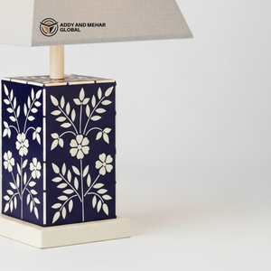 Handcrafted Blue Bone Inlay <b>Table</b> <b>Lantern</b> with Floral Pattern Luxury Tiered Square Decorative Bedside <b>Lamp</b> with Fabric Shade - Product Image 6