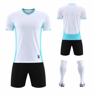 Maillot de football unisexe blanc et bleu à col rond 100% polyester à séchage rapide, manches courtes, évacuation de l'humidité, toutes saisons, personnalisable par sublimation - Product Image 1