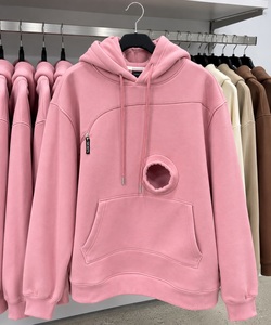 Sudadera con Capucha Rosa con Bolsillo con Cremallera para Gato, Forro Polar, Diseño Oversize de Color Liso para Hombre, Ropa de Invierno 220g, Logotipo Frontal - Product Image 2