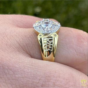 Moissanite Diamond Round Halo Statement <b>Ring</b> for Men Two Tone Yellow White <b>Gold</b> Luxury Iced Out <b>Cocktail</b> <b>Ring</b> - Product Image 5