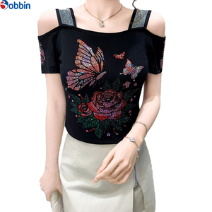 Camiseta de mujer personalizada con hombros descubiertos, negra lisa, con manga corta de pedrería, cuello cuadrado, ajuste ceñido, top de primavera-verano - Product Image 3