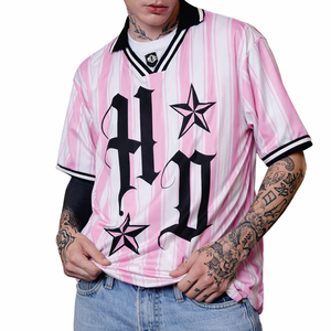 Camiseta de fútbol americano de malla a rayas rosas para mujer, cuello en V oversize, estilo streetwear con estampado gótico, OEM, marca privada, pedido al por mayor para mujer - Product Image 6