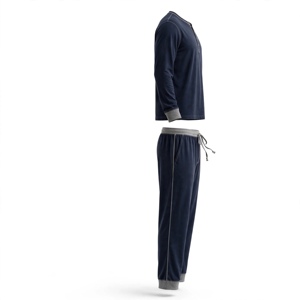 Ensemble de pyjama pour homme en bleu foncé à manches longues avec bordure grise, tricot doux 100% coton, vêtements décontractés pour l'automne - Product Image 2
