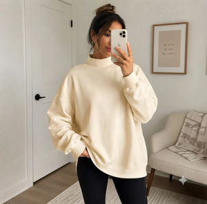 Women's Oversized Mockneck Fleece <b>Sweatshirt</b> <b>Embroidery</b> Premium Polyester/Cotton Warm Fabric Streetwear Style Americana Inspired - Product Image 1