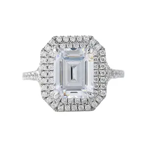 Tinggi sesuai permintaan Art Deco 2CT Emerald Cut Moissanite Double Halo Split Shank Solitaire dengan aksen cincin pertunangan pernikahan,