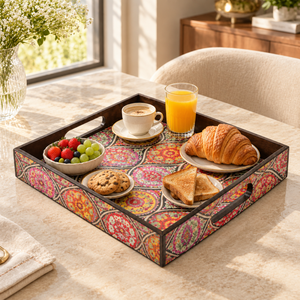 Vibrante Bandeja de Servir de Madera con Mandala |   Bandeja Cuadrada Decorativa de Esmalte con Asas Recortadas y Bordes Elevados, Multifuncional para Bodas y Cenas - Product Image 2