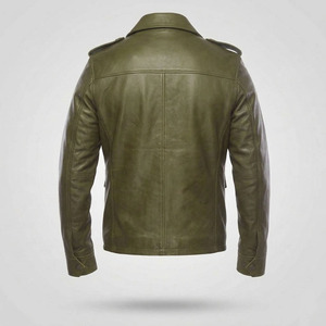 Custom Wholesale Men's Olive Green <b>Leather</b> <b>Jacket</b> Safari Style Slim Fit Genuine Lambskin Multi-Pocket Outerwear Coat - Product Image 3