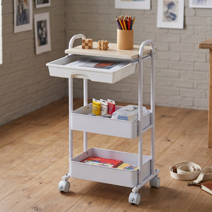 Three-Layer Plastic Rolling Storage Cart With Wooden Top Minimalist Design For Office Neatening And Organization - Product Image 1