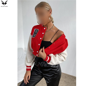Customized Made <b>Red</b> White Letter B Varsity Jacket Full Sleeve Turn Down Collar Short Length Autumn Wear Women's Jackets - Product Image 2