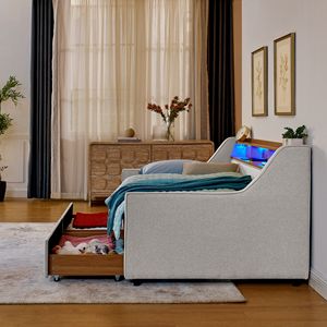 Twin-Size Upholstered Sofa Bed with Adjustable Headboard & Three LED <b>Lights</b> Foldable Legs & Storage Convenient <b>Pull</b> Trundle Bed - Product Image 6