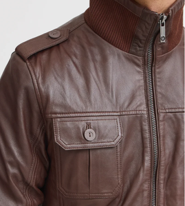 Men's <b>Brown</b> PU <b>Leather</b> Moto Biker <b>Jacket</b> Stand Collar Zipper Closure Epaulet Pockets Autumn Wear - Product Image 6
