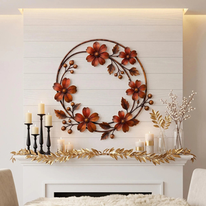 Gorgeous Brown Metal Hoop <b>Wreath</b> Featuring Layered Blossoms And Berries, Elegant All Season Front Door Seasonal Wall Decoration - Product Image 4