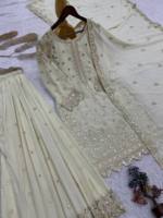Ensemble Sharara en Georgette Brodé Or Crème Ivoire, Tenue 3 Pièces pour Cérémonie de Nikah Musulmane, Walima, Invitée de Mariage de Jour