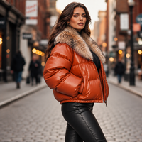 Veste matelassée d'hiver pour femme en cuir véritable à carreaux, coupe-vent, avec col en fourrure de renard amovible, style streetwear, fermeture éclair, 85% fine