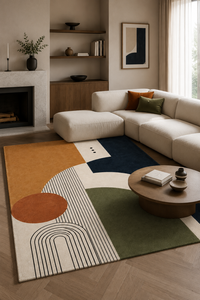 Tapis en laine tufté à la main pour salon, style Bauhaus, moderne du milieu du siècle, orange, marine, olive, géométrique, rétro, design OEM - Product Image 5