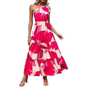 Floral Print Chiffon Maxi <b>Dress</b> One-Shoulder A-Line Casual Summer Leisure High Waist Slim Fit Pink Pleated - Product Image 2