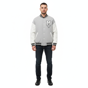 Custom Quilted Sheep Leather <b>Varsity</b> <b>Jacket</b> with Premium Cotton Fleece & Chenille Embroidery Stand Collar Covered Button <b>Jackets</b> - Product Image 1