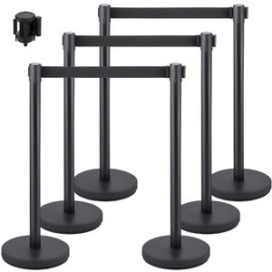 Ensemble de 6 poteaux de délimitation de foule noirs rétractables de 2 m (6,6 pi) avec ceinture, nouveau design - Product Image 1