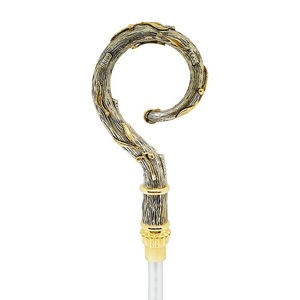 Crosse d'évêque artisanale en métal, forme irrégulière, finition or et argent, décorative, pour la marche pastorale - Product Image 1