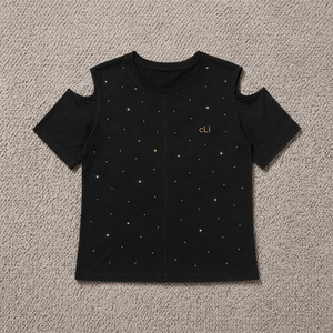 <b>Rhinestone</b> Embellished women's shirt Solid Black Cut-Out Sleeve Tshirt Customized Crew Neck Regular Fit Casual Shirt Trendy Wear - Product Image 3