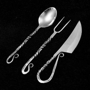 Hand Forged Viking Cutlery <b>Set</b> Handmade Medieval Camping Utensils Bushcraft Outdoor Dining Kit with Leather Roll Pouch - Product Image 4