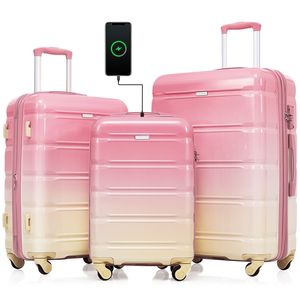 กระเป๋าเดินทางสีชมพูขนาด 20 นิ้ว ชุด 3 ใบ พร้อมพอร์ต USB ได้รับการรับรองจากสายการบิน วัสดุ ABS+PC  แบบแข็ง ล้อหมุนได้ - Product Image 1